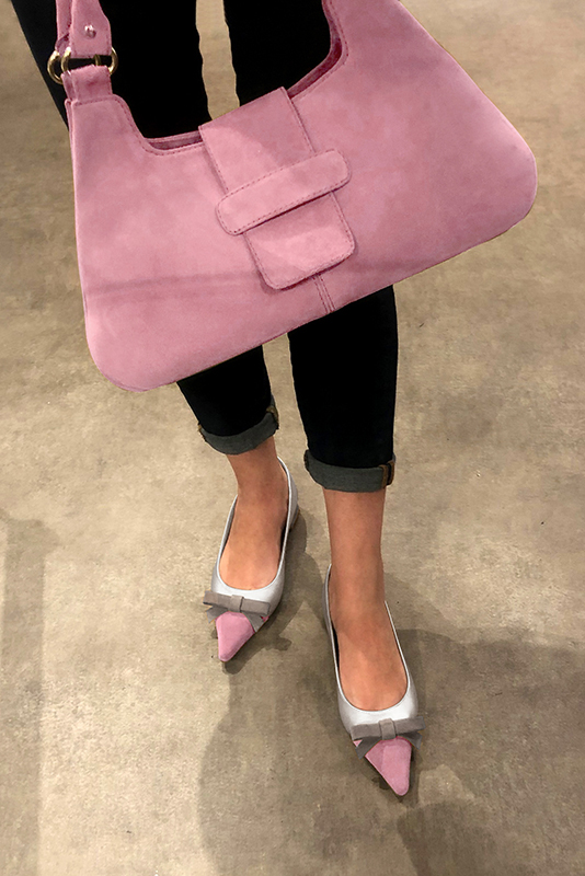 Carnation pink women's dress handbag, matching pumps and belts. Worn view - Florence KOOIJMAN